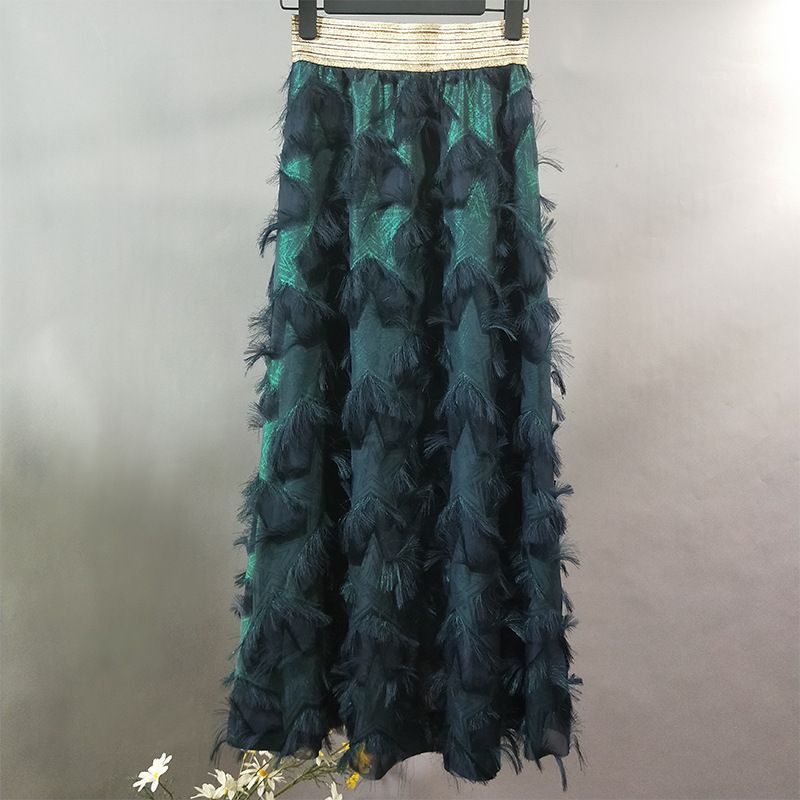 Title 5, Gold Thread Elastic Waist Long Feather Skirt Skirt