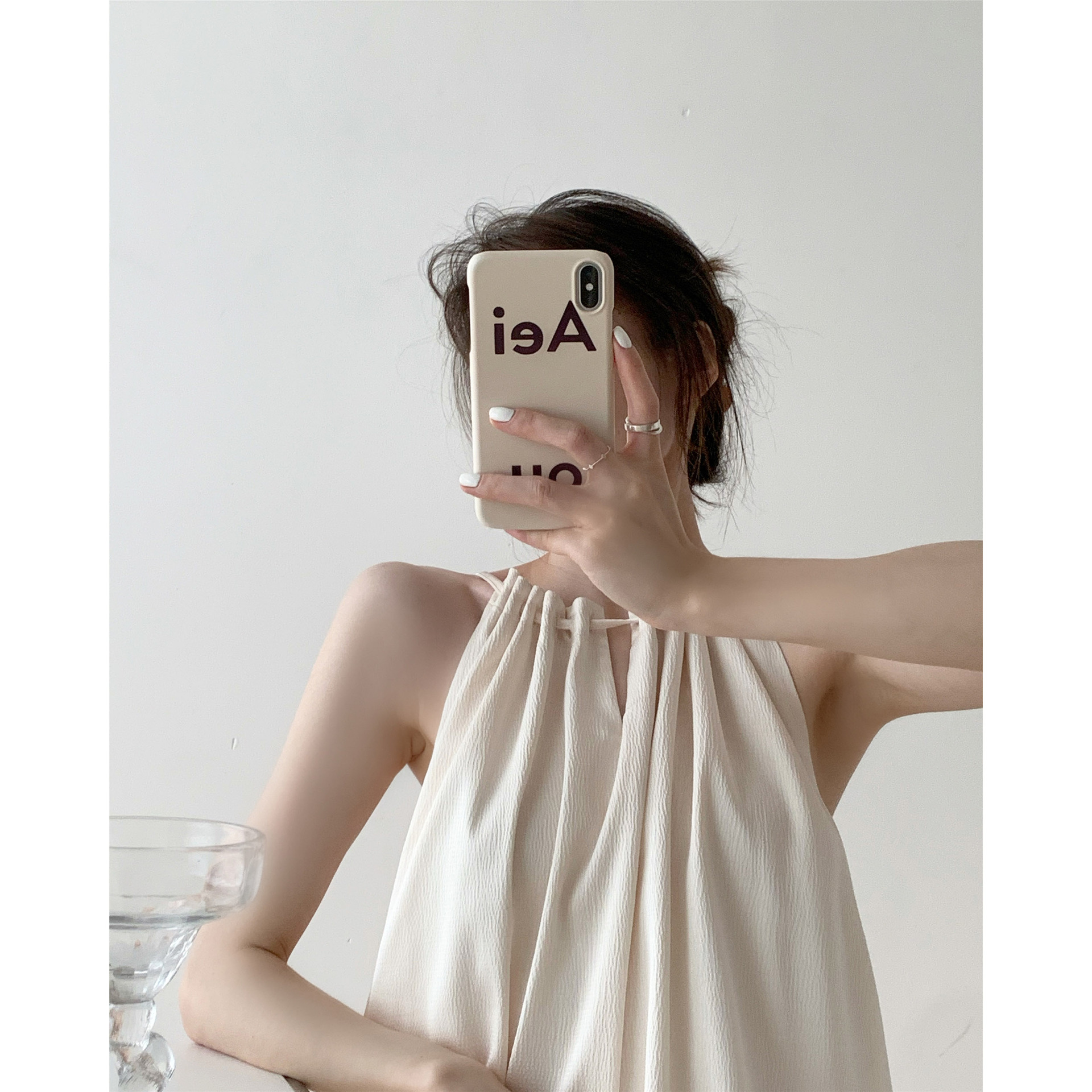 Bubble Texture Pleated Halterneck Tie Dress