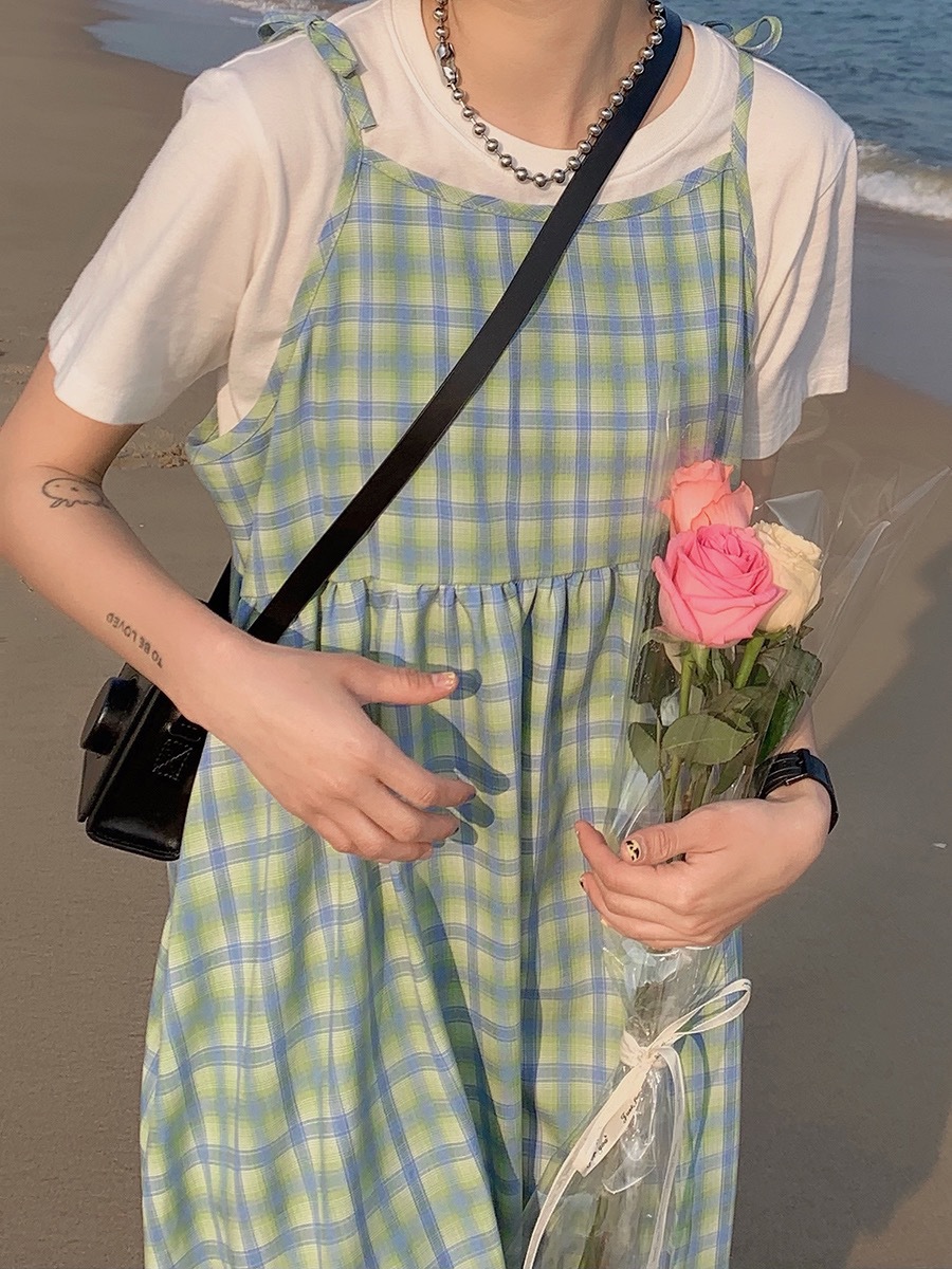 Gentle Wind Sweet High Waist Loose Small Blue-green Plaid Suspender Dress