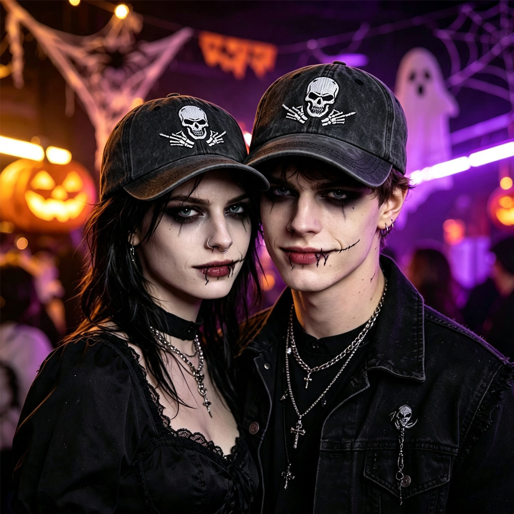2pcs Washed Black Baseball Cap, Skeleton Middle Finger Embroidery Hat, Halloween Costume Party Accessory For Men Women