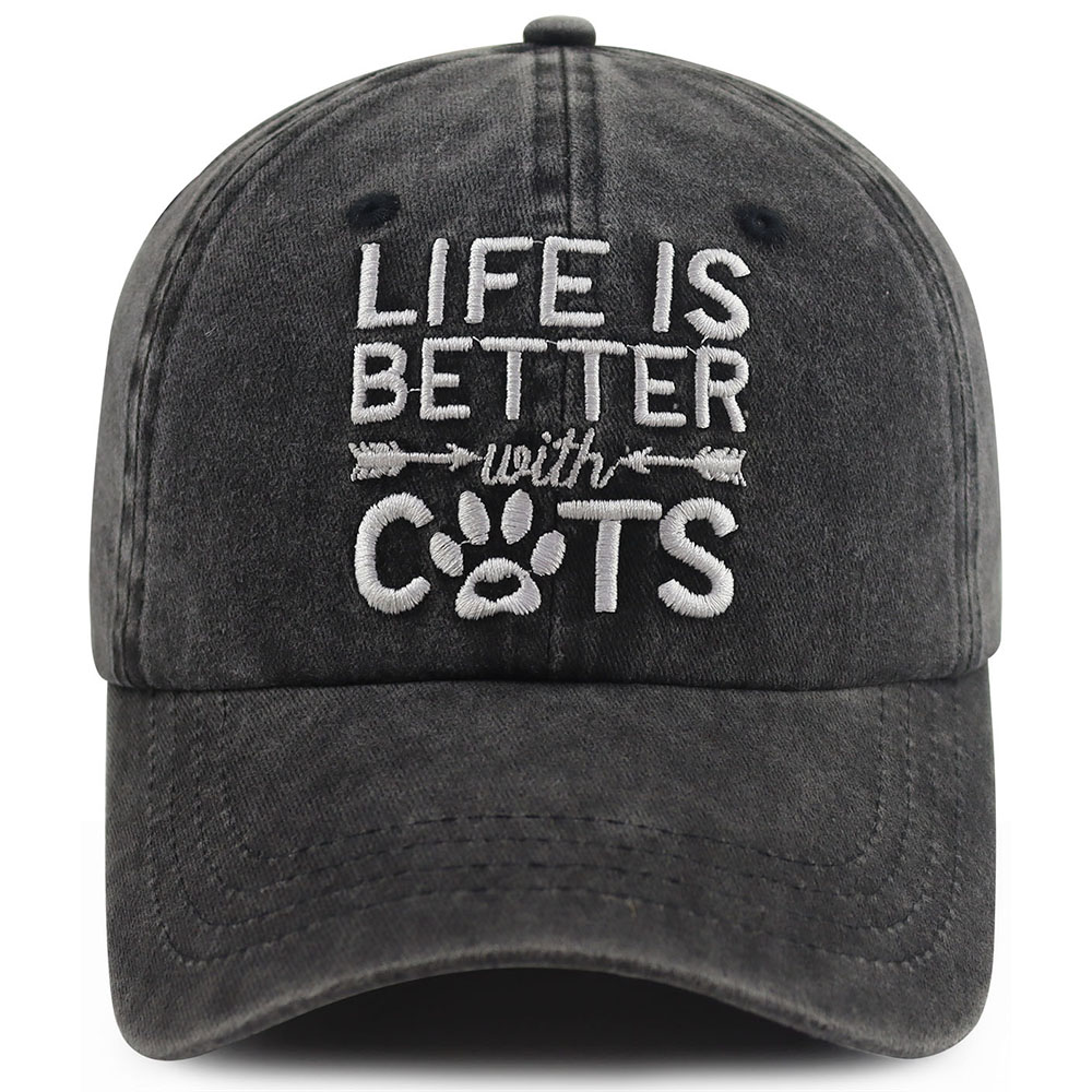 2pcs Washed Distressed Baseball Cap, Life Is Better With Cats Embroidery Vintage Cotton Hat, Cute Cat Paw Print Casual Hat For Cat Lovers — foto 4