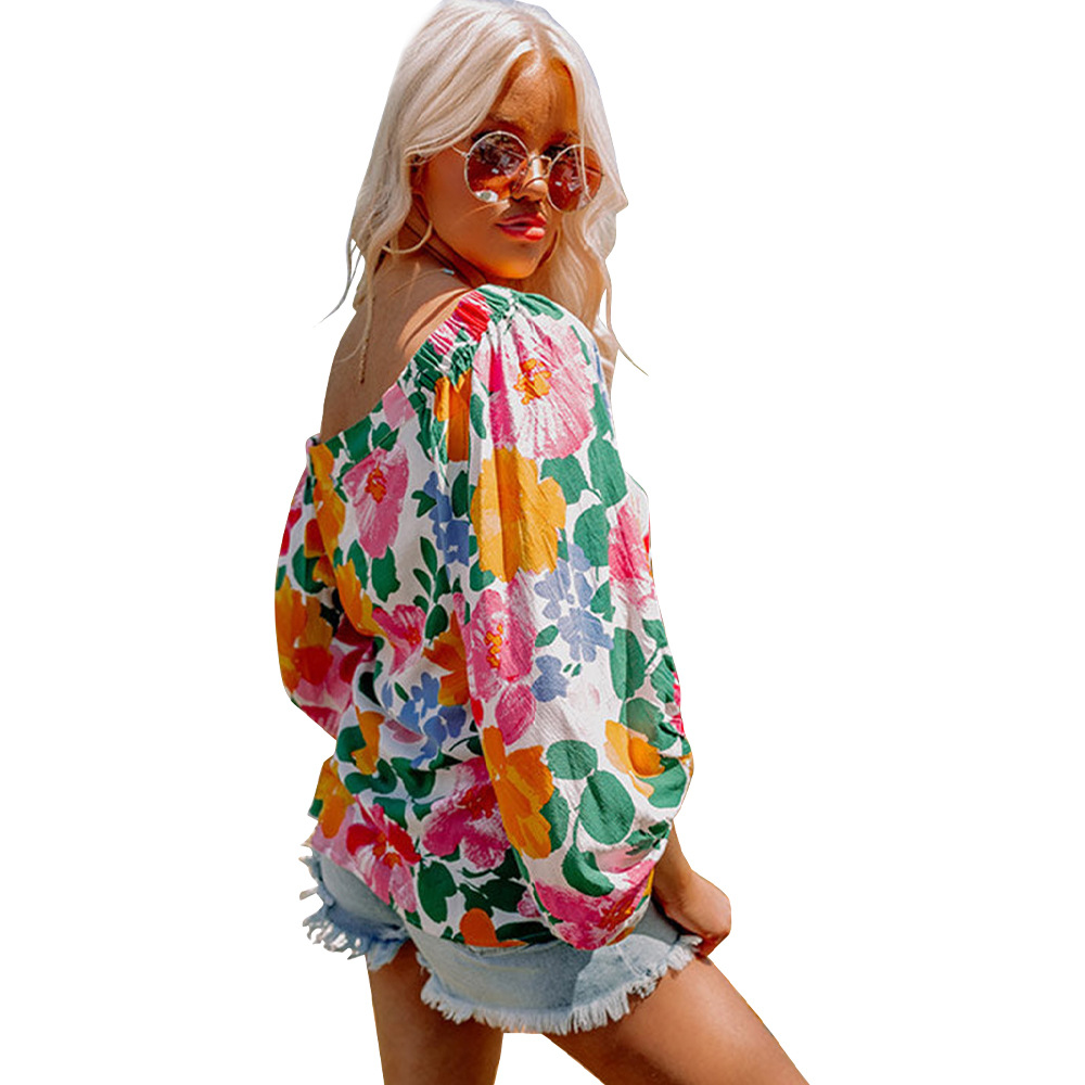 Women's Printed Slanted Shoulder Long Sleeve Loose Casual Top T-Shirt