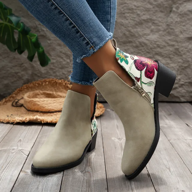 Flowers Printed Ankle Boots Fashion Side Zipper V cut Square Heel Shoes For Autumn Winter Pionted Toe Boot Women Beige - Shop at LoveMi