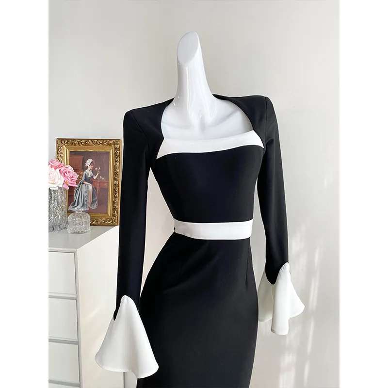 Black Patchwork Fishtail Dress For Women