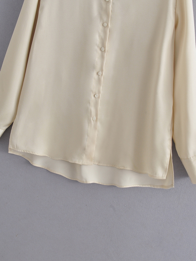 Retro Lapel Long-sleeved Satin Solid Color Shirt Top