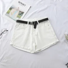 Women's High Waist Curled Denim Shorts - White - View 1