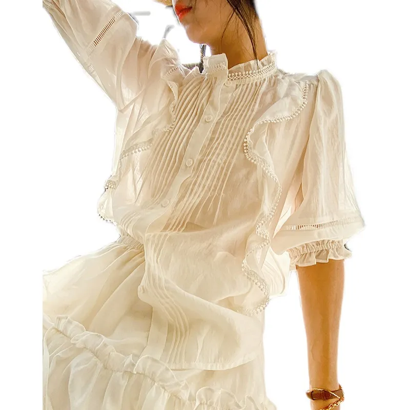 Women's Tencel Shirt With Puff Sleeve Design - Champagne