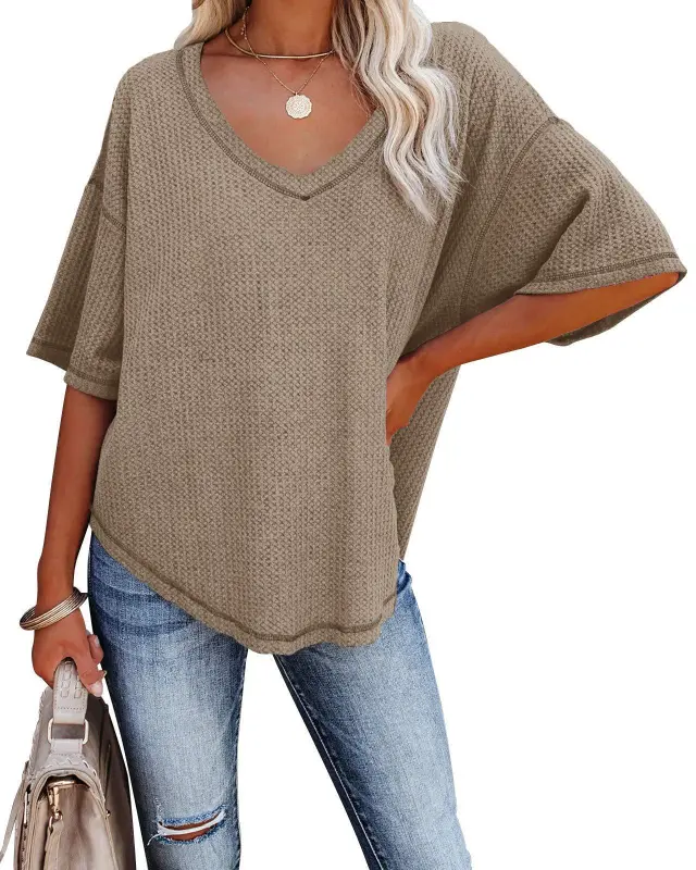 V Neck Bat Sleeve Waffle Knit Loose Mocha - Shop at LoveMi