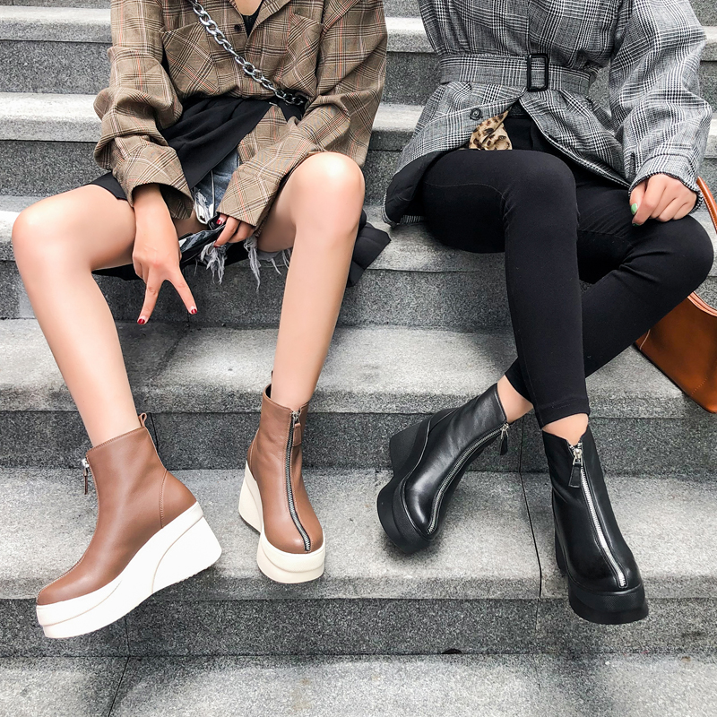 Short Boots Leather All-match Wedge Heel