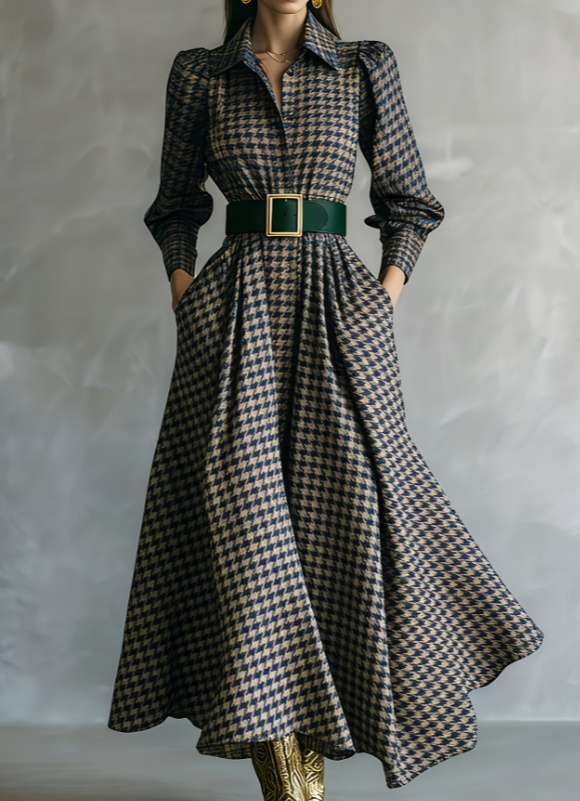 Waist-cinching Shirt Collar Casual Long Dress