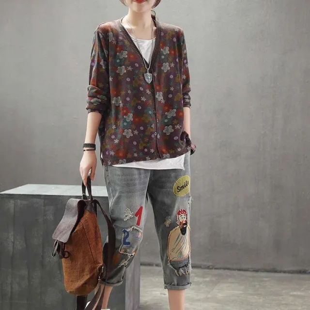 Women's Retro Art Floral Print Knitted Cardigan Sweater Coat Brown - Shop at LoveMi
