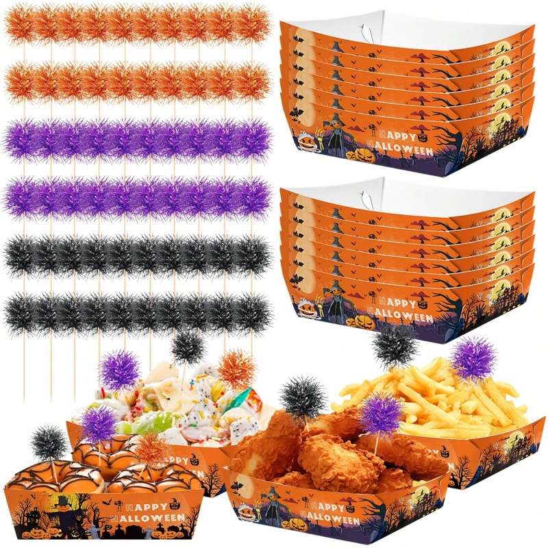 12Pcs Halloween Paper Trays With Orange Black Purple Foil Frill Toothpicks Disposable Serving Trays Scary Halloween Theme Snack Bowl For Halloween Cupcake Baking Creative Dessert Toppers
