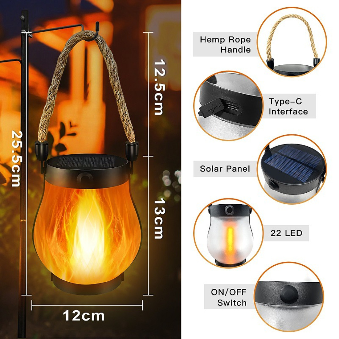 Solar And USB-Rechargeable Flame-Effect Hemp Rope Lantern For Garden Parties — image 10