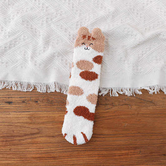 Женские толстые теплые носки кавайного цвета из кораллового флиса с рисунком кошачьих лап