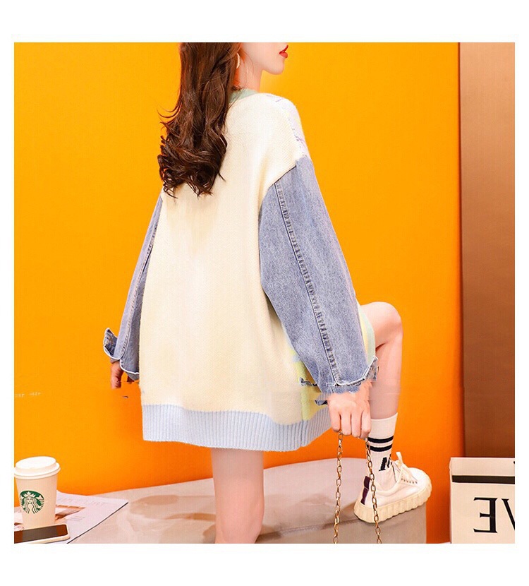 Denim Stitching Sweater Coat Loose Contrast Color