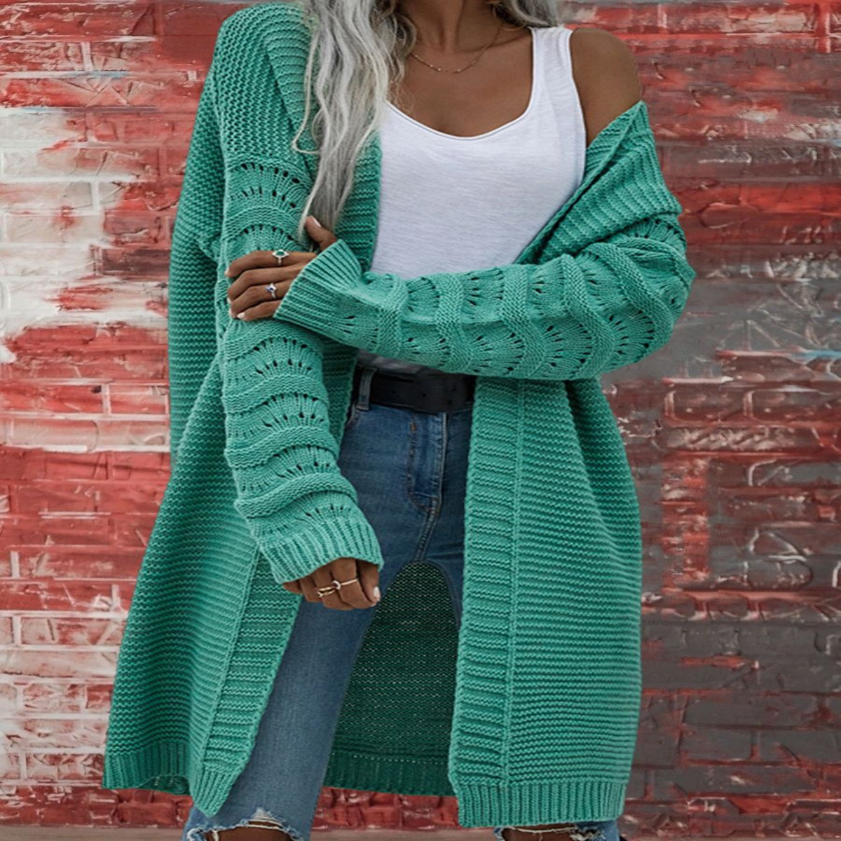 New Long Cardigan Solid Color European And American Women's Knitting
