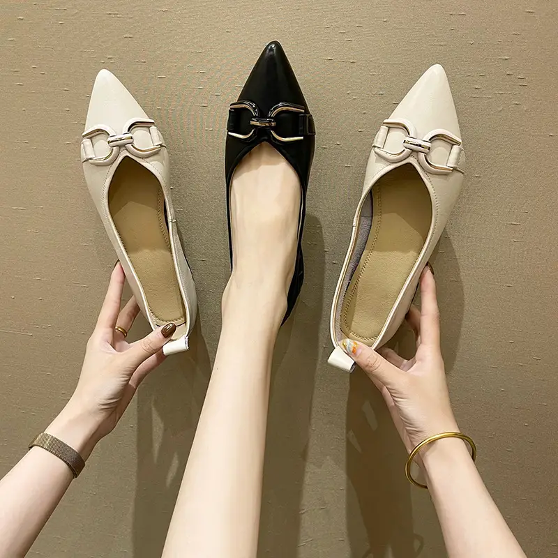 Leather All-match Metal Buckle Summer Flat With Shallow Pointed Toe