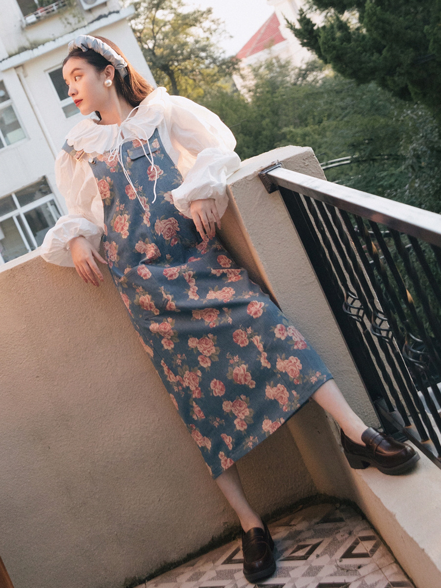 French Vintage Hepburn Print Denim Casual