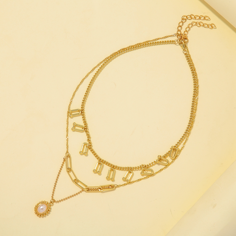 New Multilayer Necklace Stainless Steel Pearl Pendant Snake Bone Chain