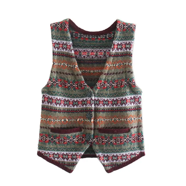 European And American Style Retro Jacquard Knitted Cardigan Vest Multicolor - Shop at LoveMi
