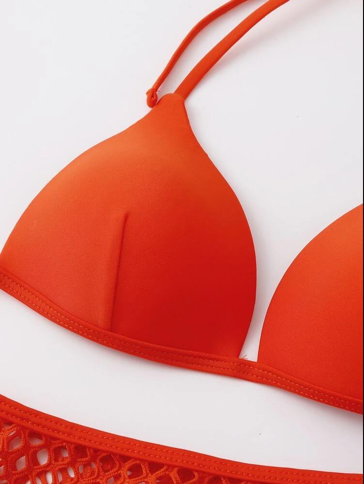 European And American Solid Color Three-piece Mesh Women's Swimsuit - Image 4
