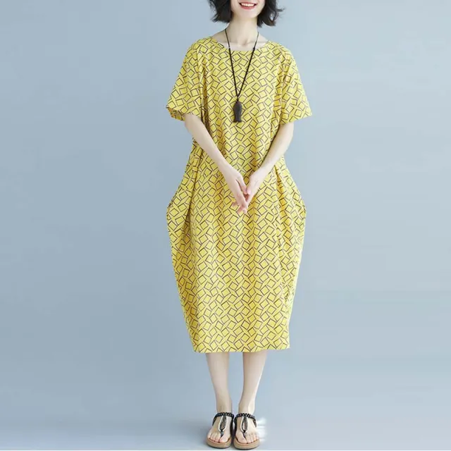 Plus Size Loose Cotton Linen Print Crew Neck Short Sleeve Dress Yellow - Shop at LoveMi