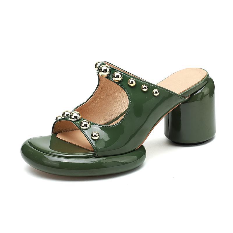 Title 2, Waterproof Platform Thick Heel Green Rivet Sand...