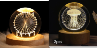 Kleine nachtlamp met kristallen bol, sterrenhemel en planeten – massiefhouten lampvoet, zonnestelsel 6 cm, 2 stuks
