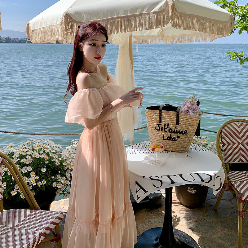 French Ruffled Hem One Line Shoulder Temperament Dress