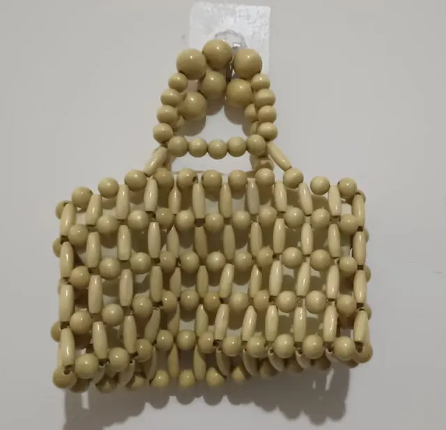 Woven Girl From Natural Wood Beads Handbag Khaki - Shop at LoveMi