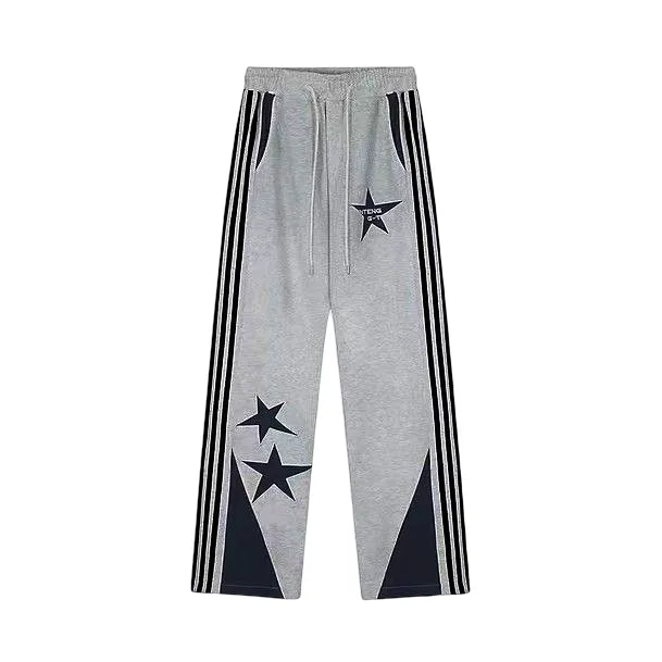 Vintage Star Embroidered Wide Leg Pants For Women Striped Light Grey - Shop at LoveMi