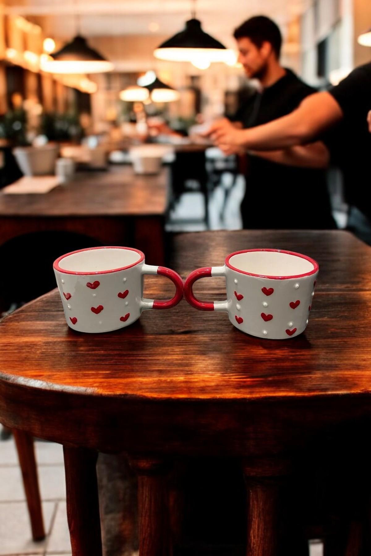Set Of 2 Handmade Ceramic Mugs With Heart And Polka Dot Patterns