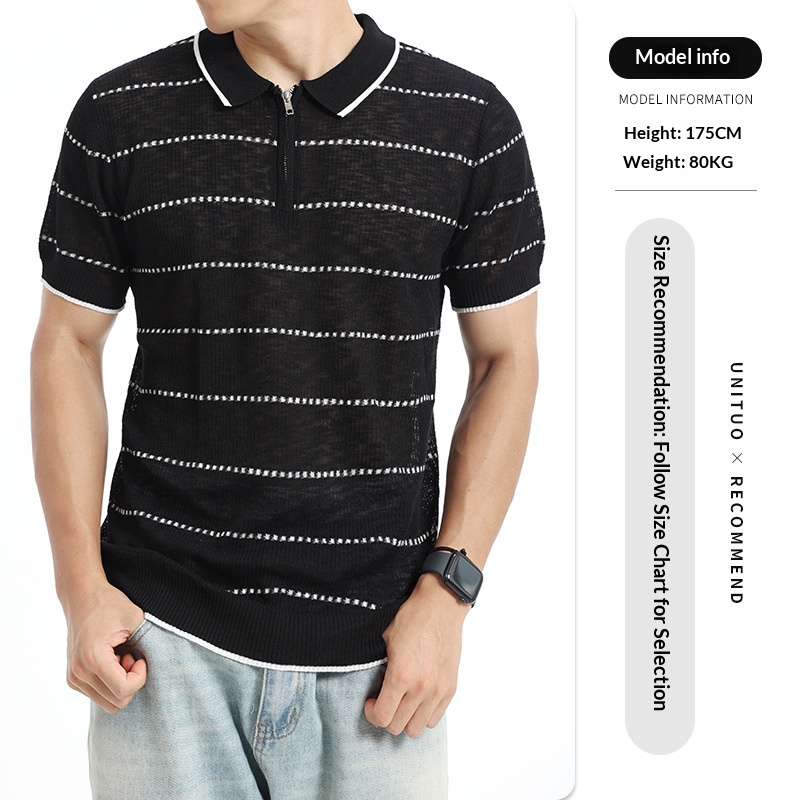 Old Money Style Men's Striped Ice Silk Knit Polo Shirt, Summer Lapel Breathable Polo Top, Casual Men's Apparel