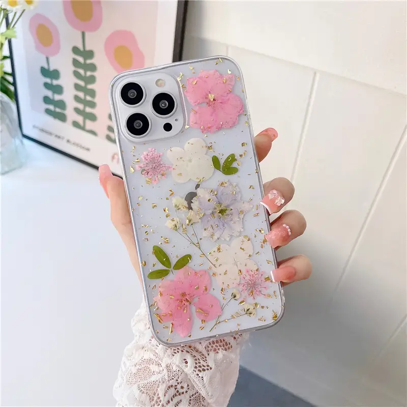 Creative Transparent Silver Foil Epoxy Dry Flower Phone Case