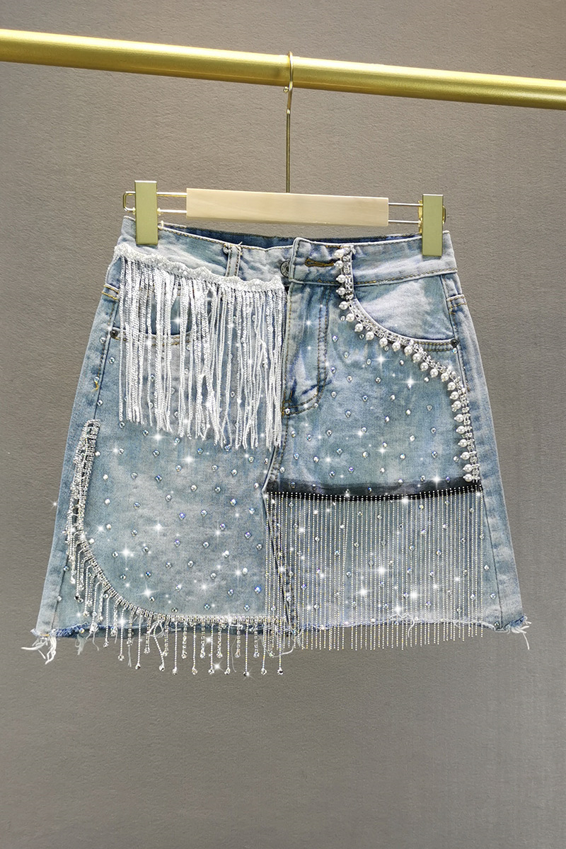 Title 6, Saia A-line de cintura alta jeans com strass, f...