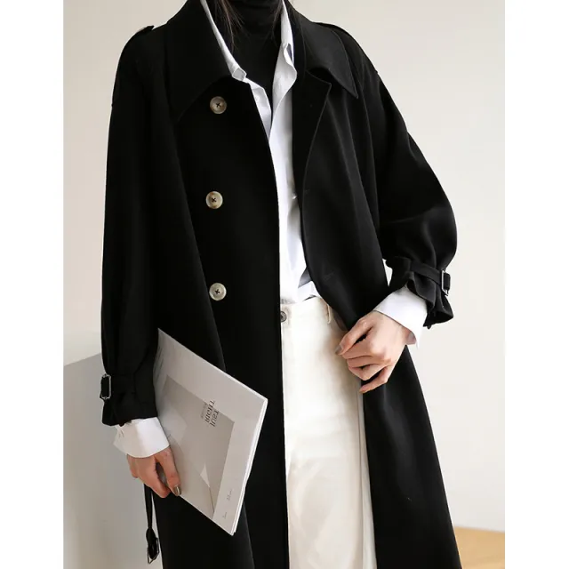Women's Mid Length Autumn Coat With Over The Knee Atmosphere Black - Shop at LoveMi