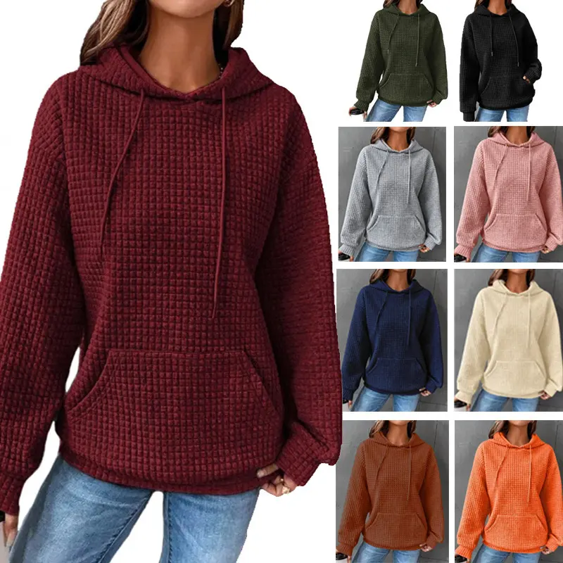 Fashion Waffle Hoodie Sweater Women's Sports Sweatshirt Casual Long