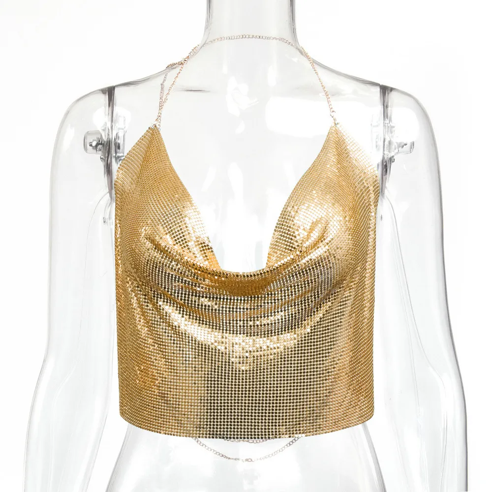 Sexy Metal Sequin Halter Halter Strap - Gold