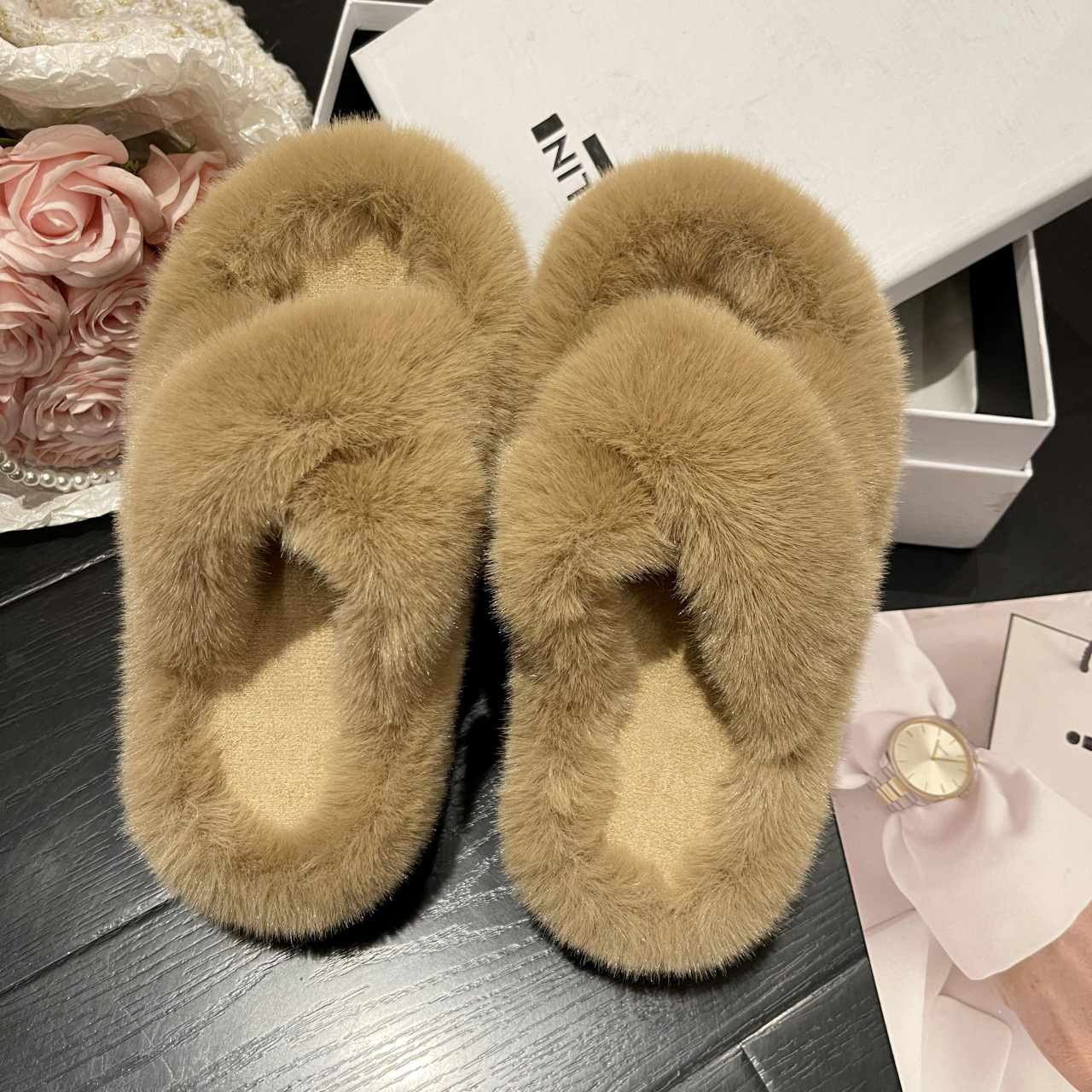 Title 8, Cross Exposed Toe Cotton Mop Large Home Slippers