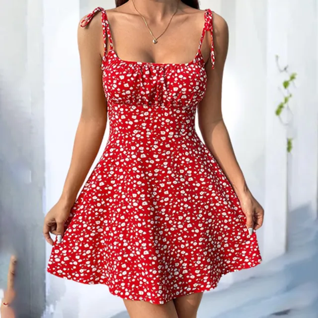 Womens Floral Mini Dress Spaghetti Strap Sleeveless Tie Shoulder Ruffle Summer Boho Dresses Red - Shop at LoveMi