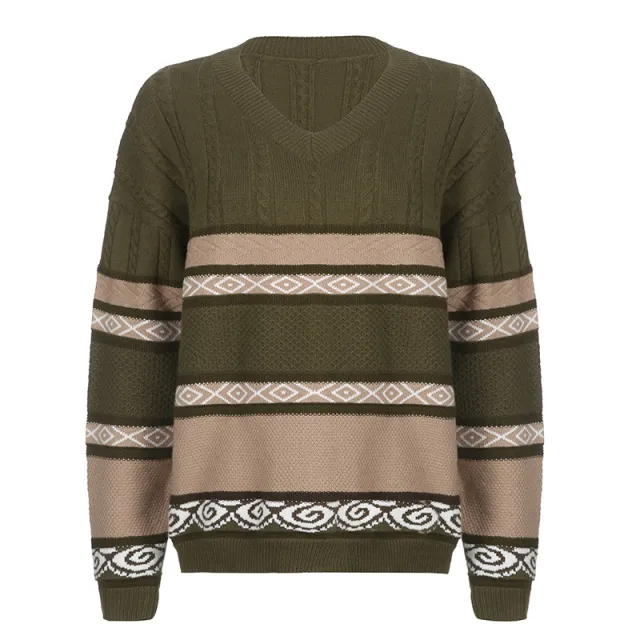 Lazy Style Retro Stripe Long Sleeve Sweater Girl Army Green - Shop at LoveMi