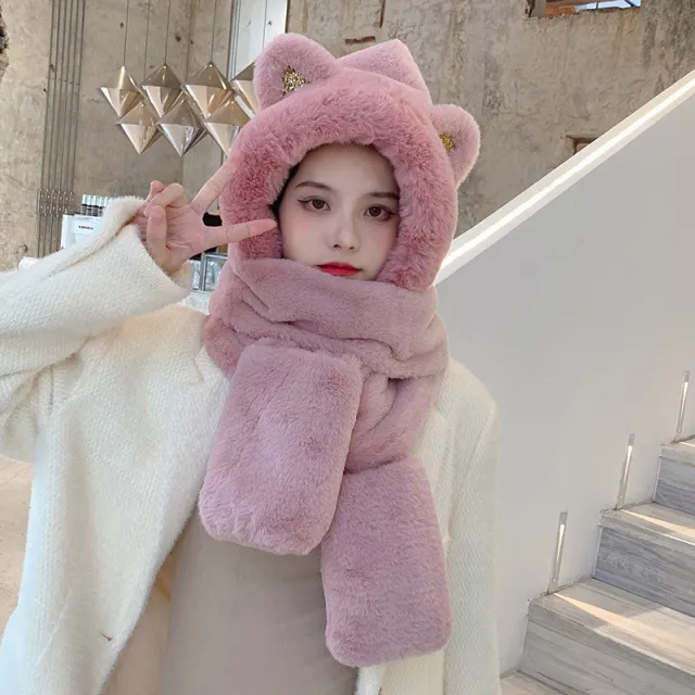 Autumn And Bear Ear Protection Cute Winter Plush Scarf Hooded Pink - Shop at LoveMi