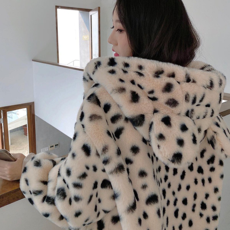 Leopard Print Leather Jacket Imitated Lamb Hair Short