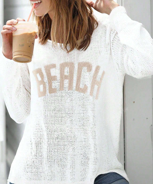 Women Casual Fashion Long Sleeve Letter Loose Knit Pullover Sweater