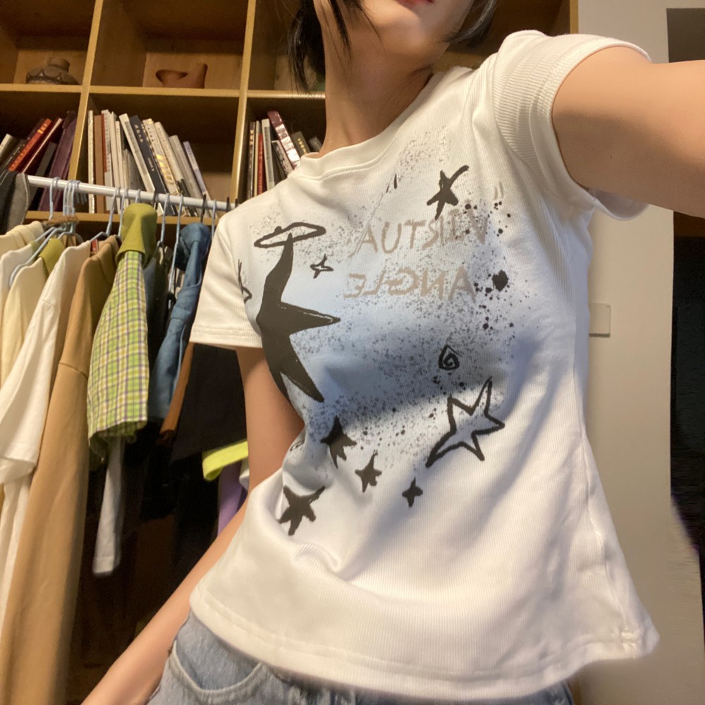 Original Basic Hand-painted Star White T-shirt