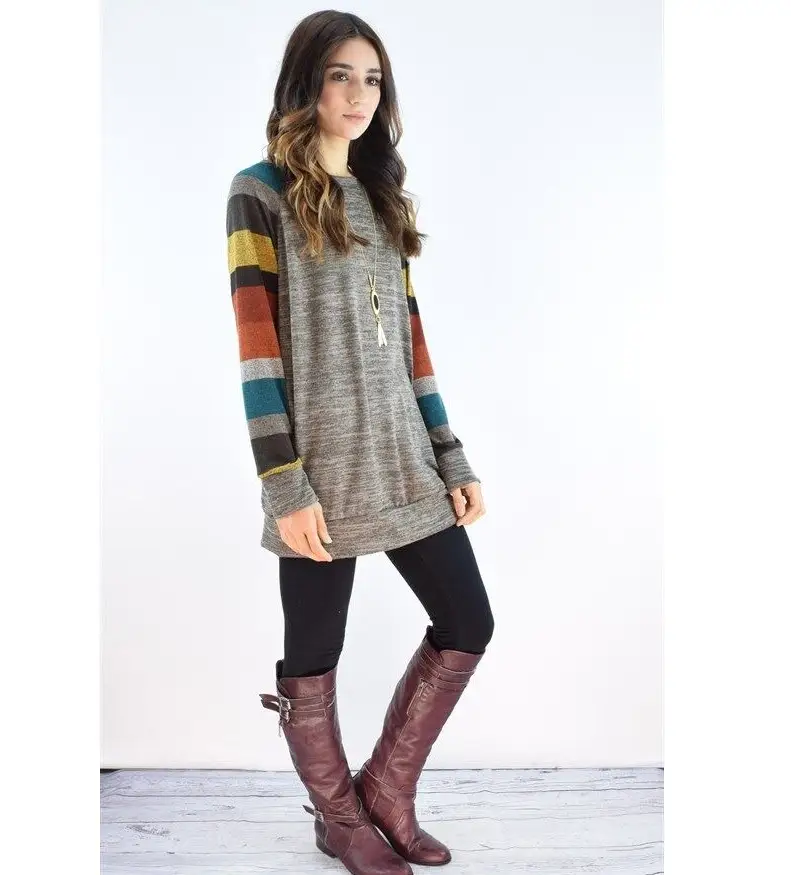 Striped Color-blocking Slim Dress Base Knitting Digital Printing Long Sleeves