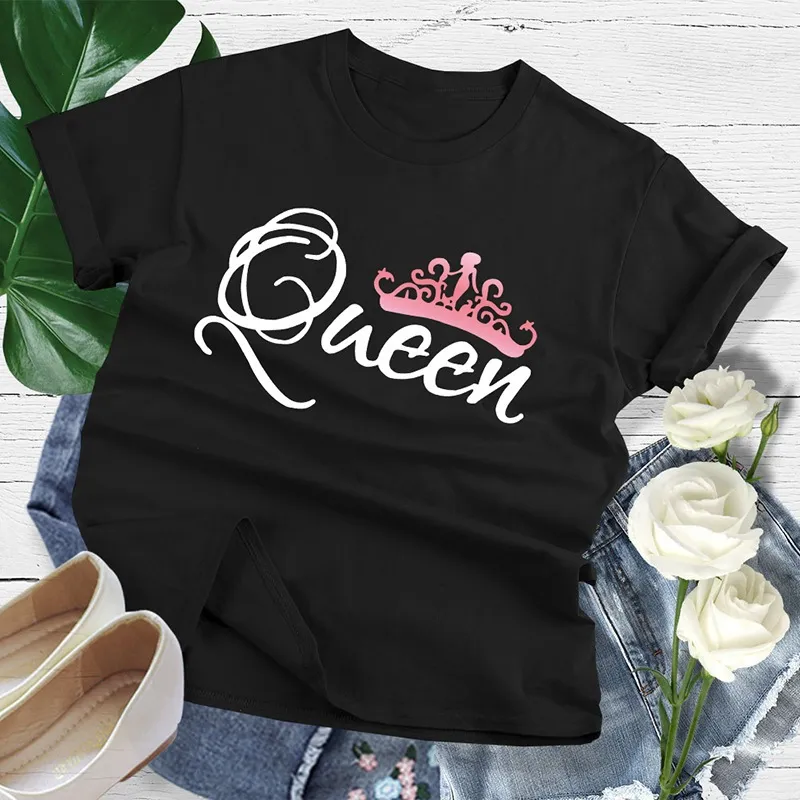 Crown Print Couple T Shirt Lovers Short Sleeve O Neck Loose Tshirt Fashion Woman Man Tee Shirt Tops Clothes - Black Queen