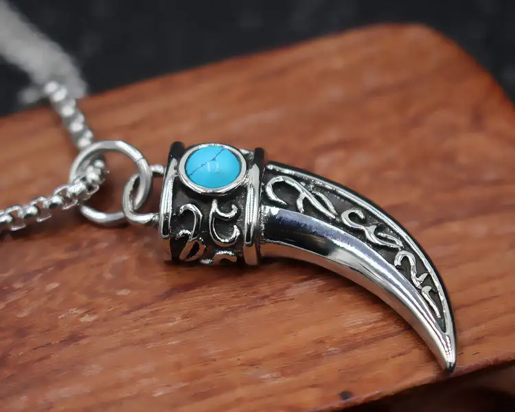 Vintage Men's Titanium Steel Wolf Tooth Blue Pine Stone Pendant