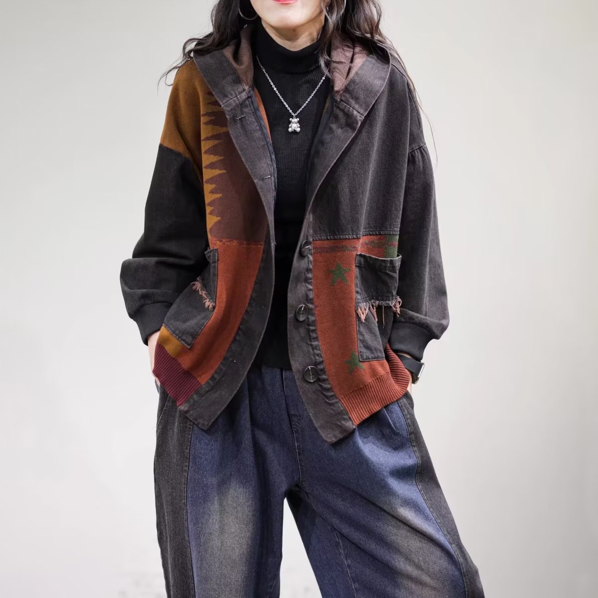 Title 7, Damen Jeansjacke mit lockeren Retro-Farbblöcken...