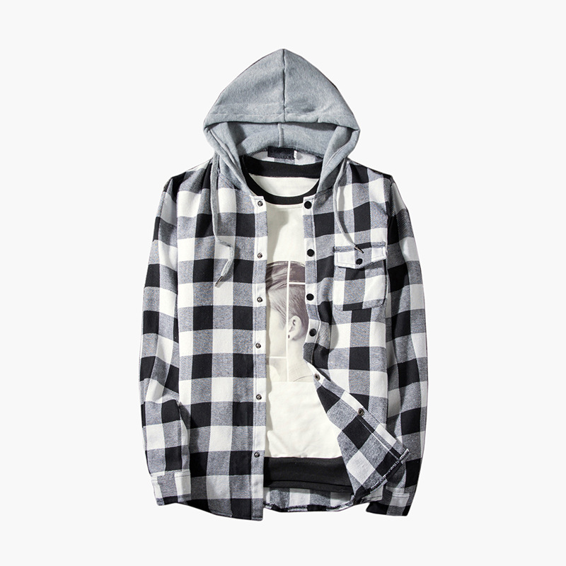 Fashionable Men's Hooded Plaid Color Block Long Sleeve Shirt